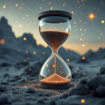 The primary subject of the image is a sand timer, which is a glass hourglass with sand inside. The timer is placed on a surface with a sandy texture, which could be a beach or a desert-like environment. The visual style of the image is a combination of photo and digital art, creating a unique and artistic representation of the sand timer. The colors and mood of the image are predominantly warm and earthy tones, reflecting the natural setting of the timer.